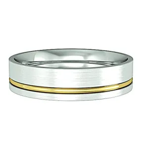 18ct White Gold Flat Court Style Wedding Band With An Offset Solid 18ct Yellow Gold Insert - 5mm