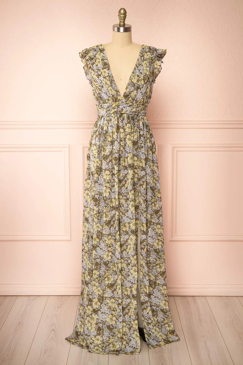 Alinia | Floral Chiffon Maxi Dress w/ Plunging Neckline