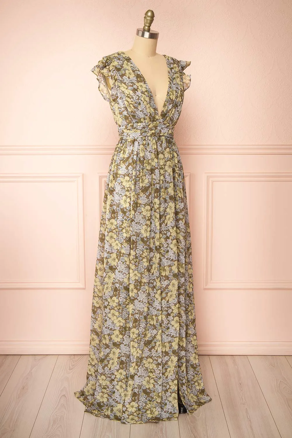 Alinia | Floral Chiffon Maxi Dress w/ Plunging Neckline