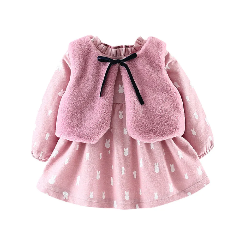 Baby Girls Floral Print Long Sleeve Princess Tutu Kids Party Dress   Fleece Waistcoat