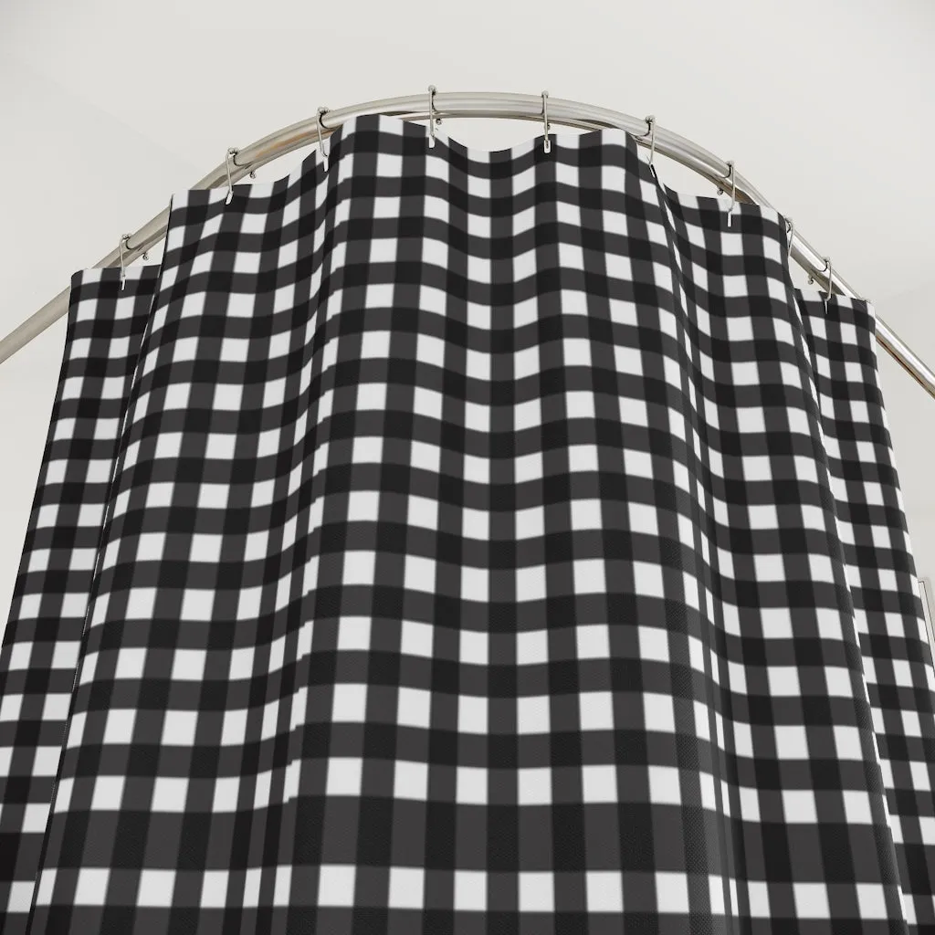 Black Plaid Polyester Shower Curtain, 71" × 74" Modern Bathroom Shower Curtains-Printed in USA