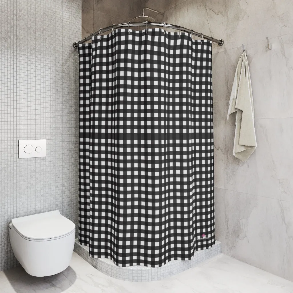 Black Plaid Polyester Shower Curtain, 71" × 74" Modern Bathroom Shower Curtains-Printed in USA