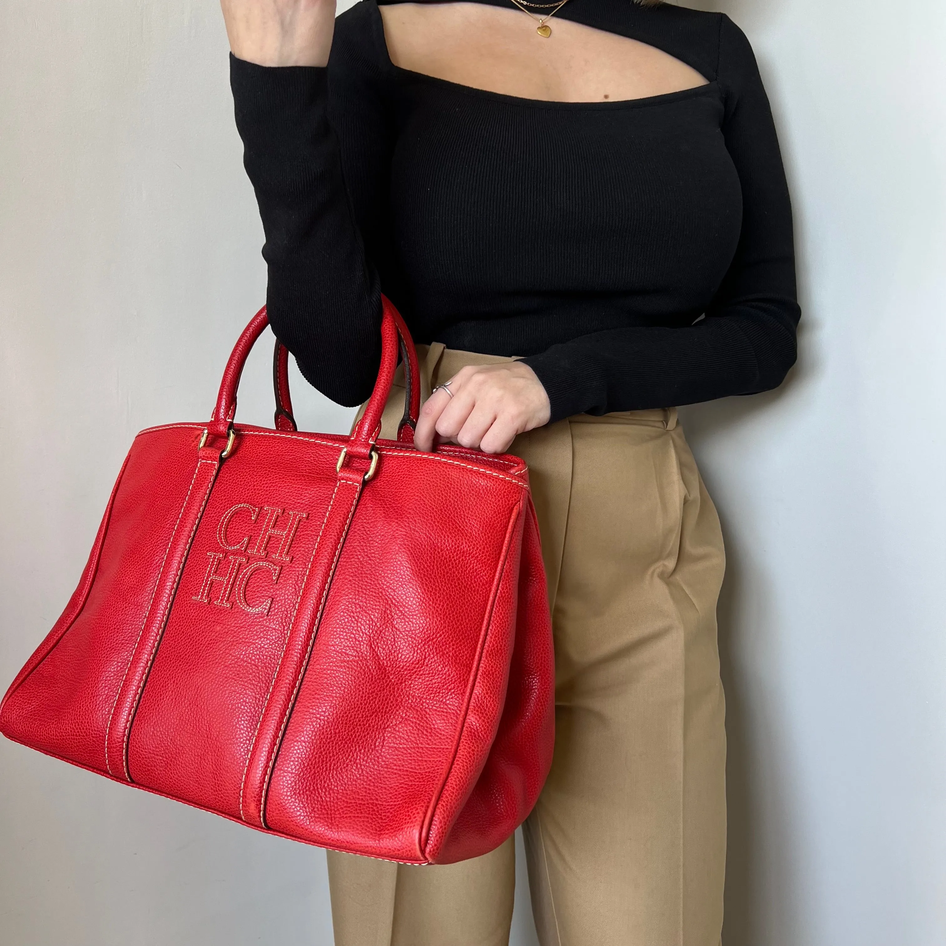 Bolsa Carolina Herrera Tote em Couro Vermelho Ferragem Dourada