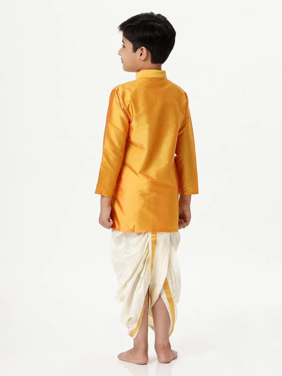 Boys Silk Cotton Full Sleeves Golden Yellow Kurta with Panchakacham Combo