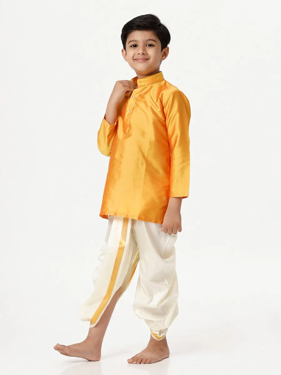 Boys Silk Cotton Full Sleeves Golden Yellow Kurta with Panchakacham Combo