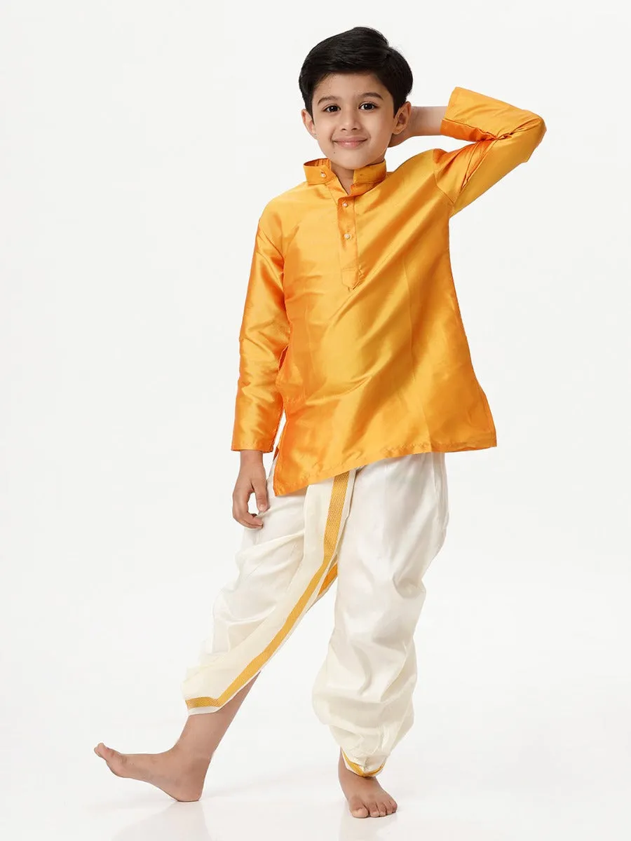 Boys Silk Cotton Full Sleeves Golden Yellow Kurta with Panchakacham Combo