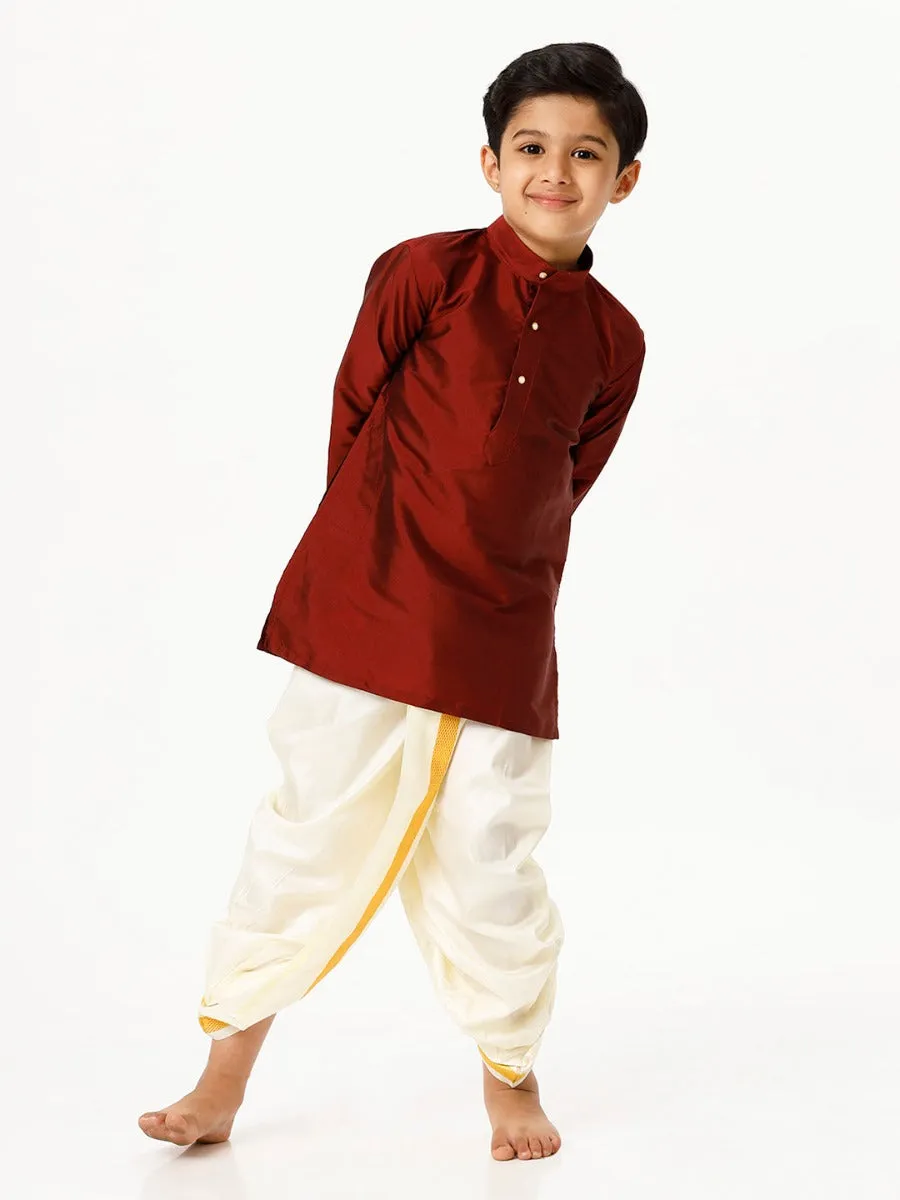 Boys Silk Cotton Full Sleeves Maroon Kurta with Panchakacham Combo