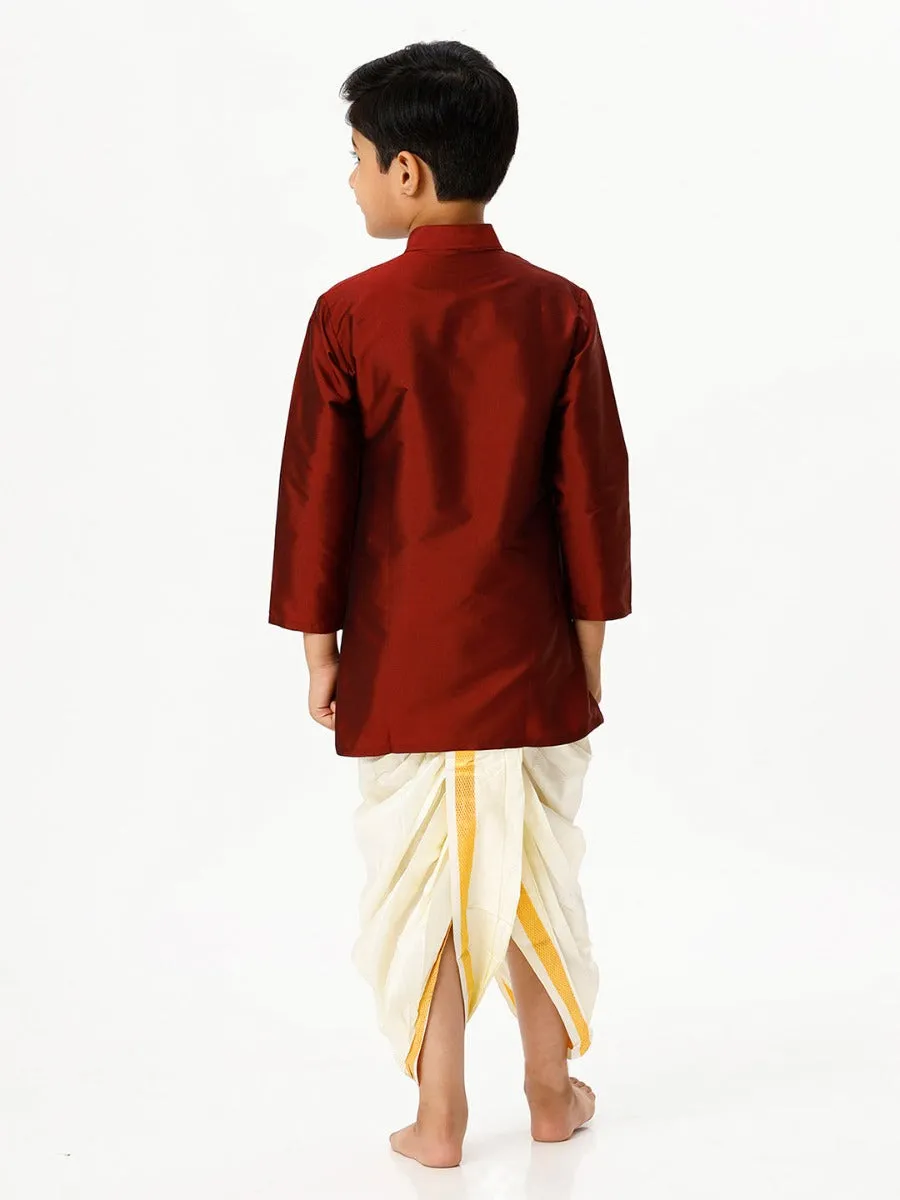 Boys Silk Cotton Full Sleeves Maroon Kurta with Panchakacham Combo