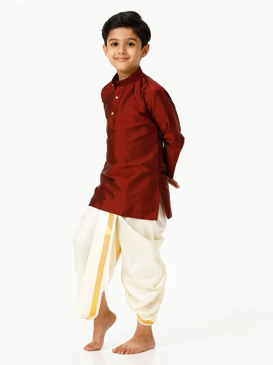 Boys Silk Cotton Full Sleeves Maroon Kurta with Panchakacham Combo