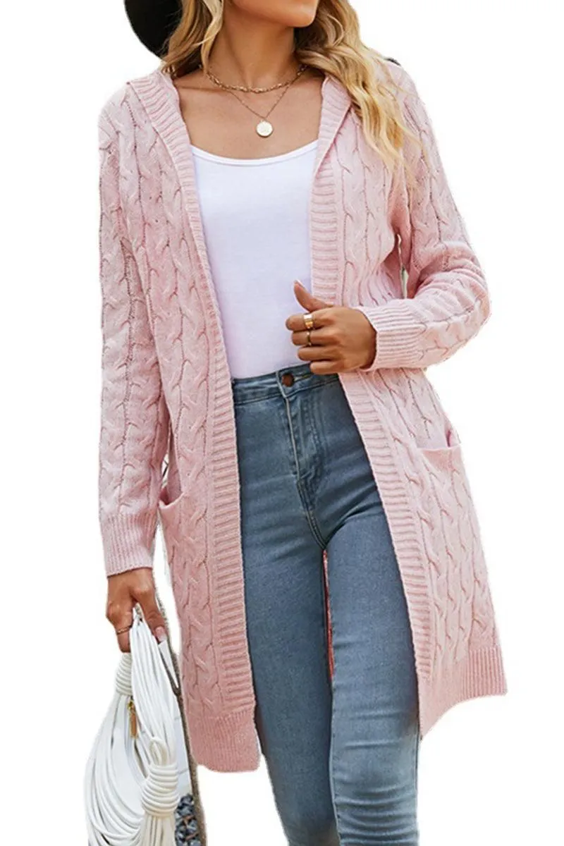 CABLE KNIT OPEN FRONT CARDIGAN WITH POCKETS