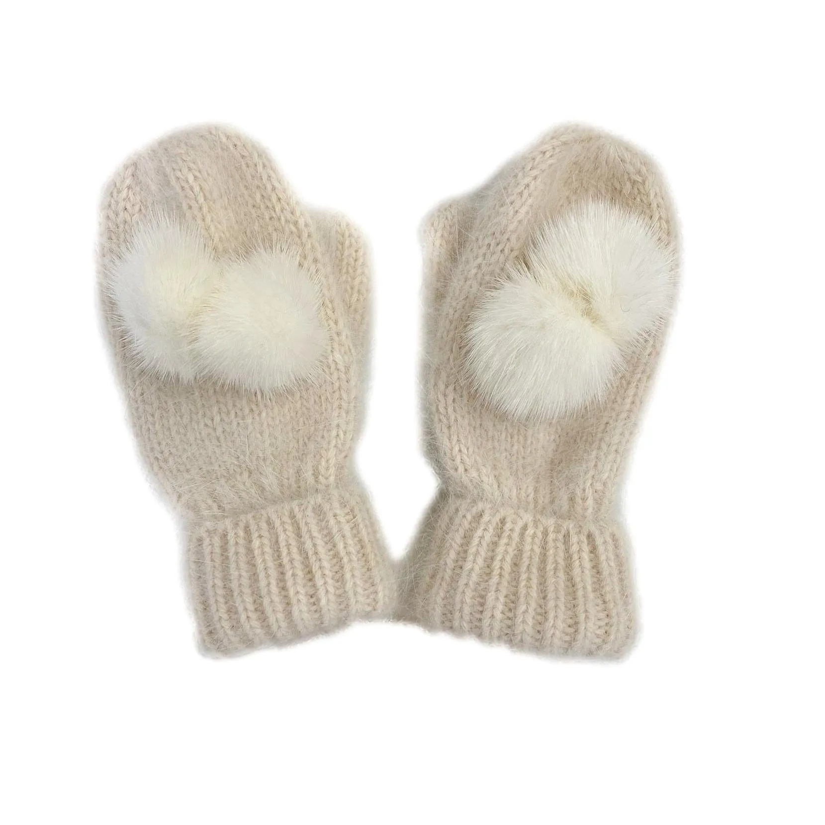 Cashmere Cream Mittens with Poms