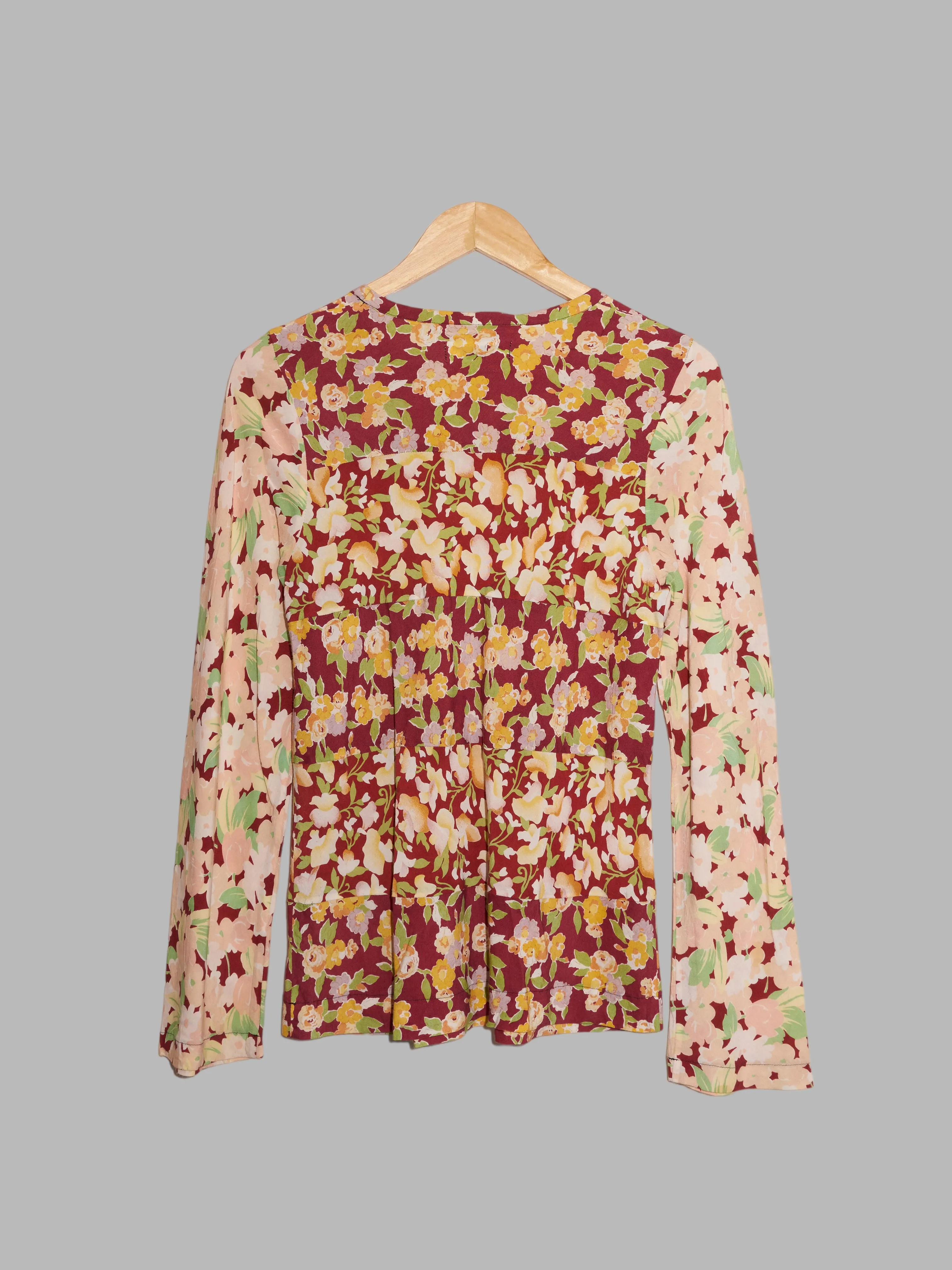 Comme des Garcons 1993 burgundy rayon floral print long sleeve top