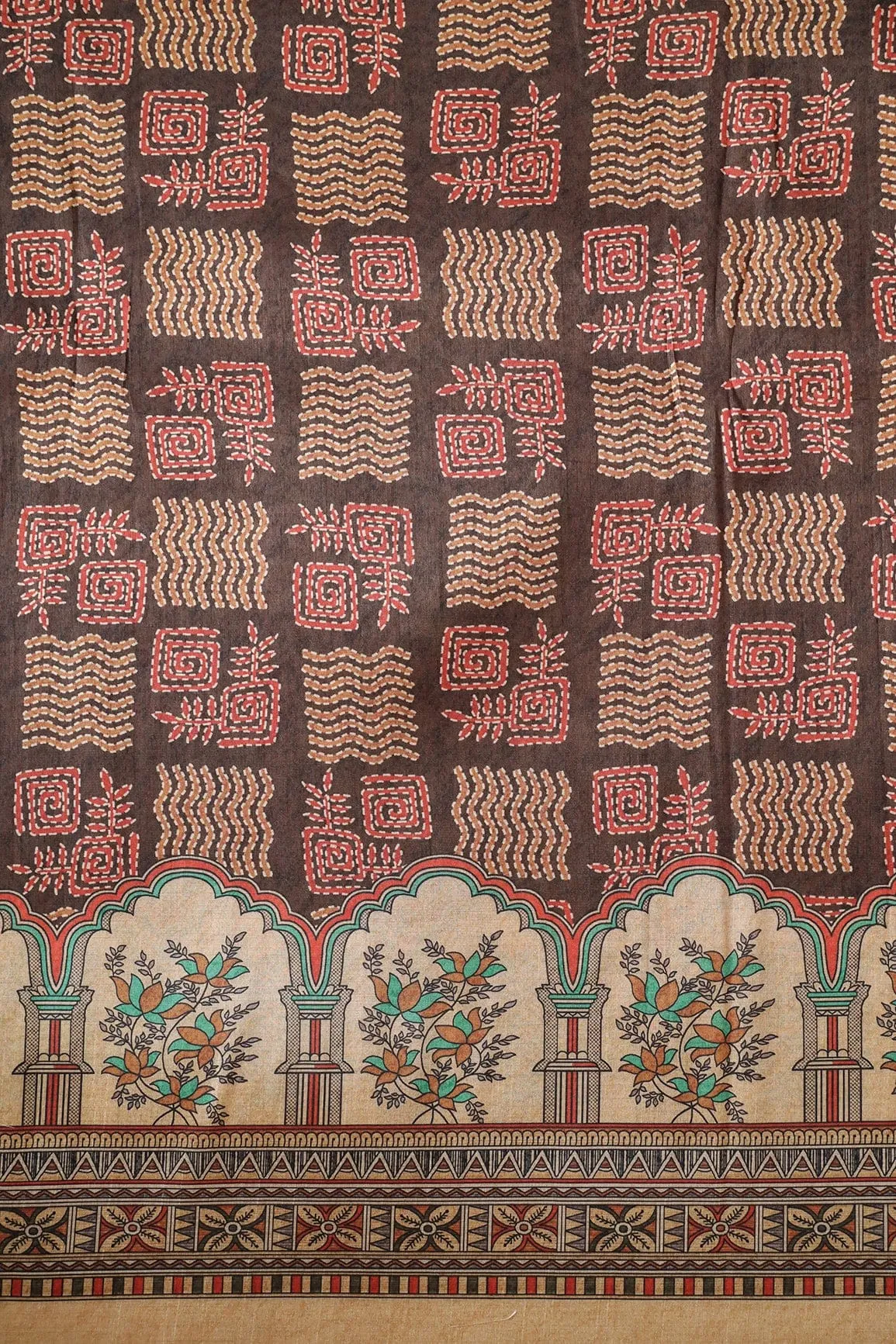 Dark Brown Geometric Pattern Digital Print On Mulberry Silk Fabric With Border