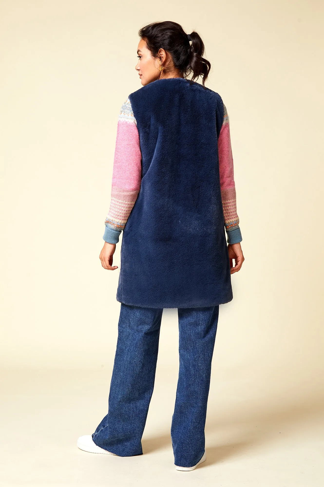 Eco Faux Fur Long Line Gilet | Petrol Blue