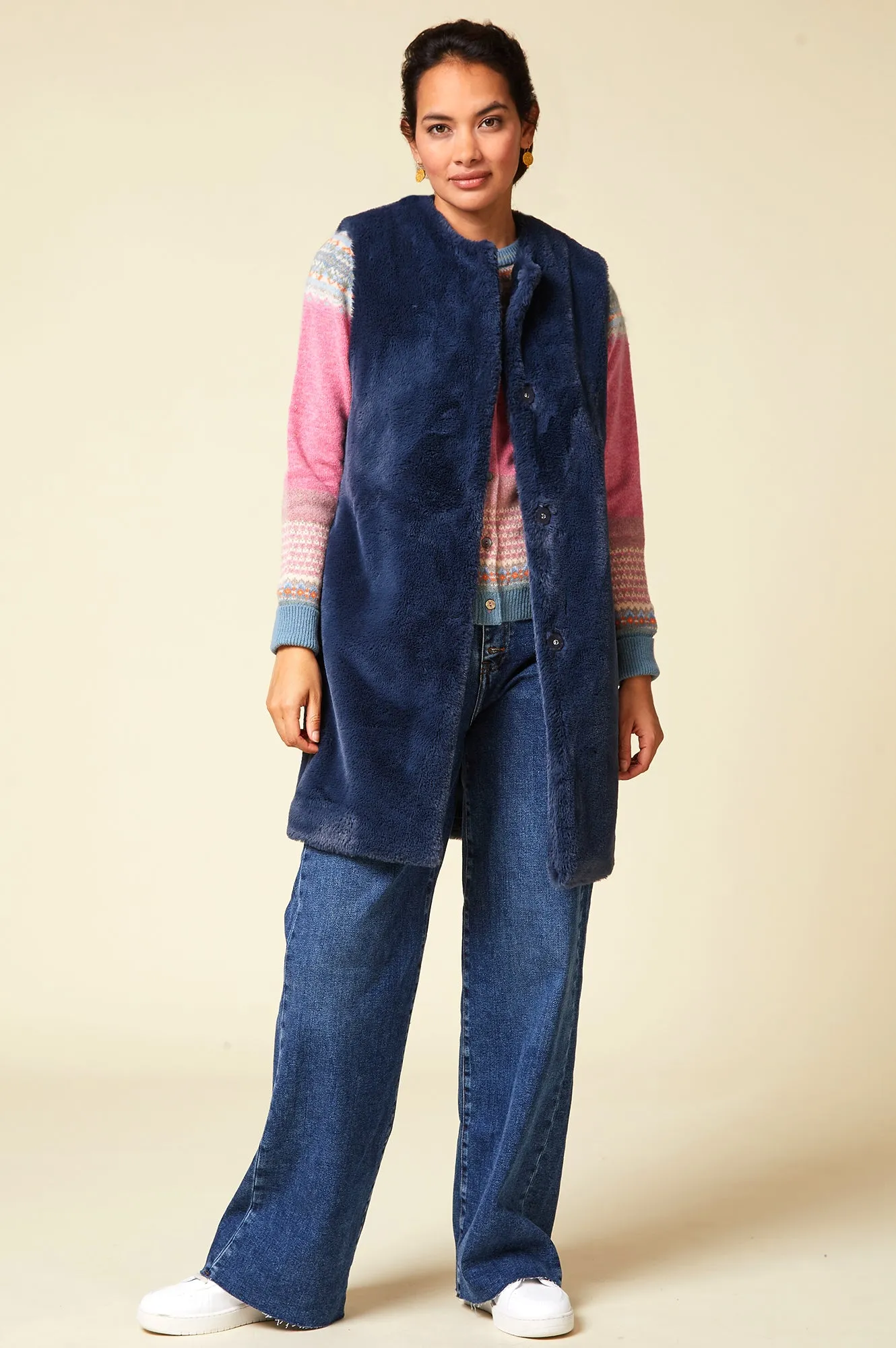 Eco Faux Fur Long Line Gilet | Petrol Blue