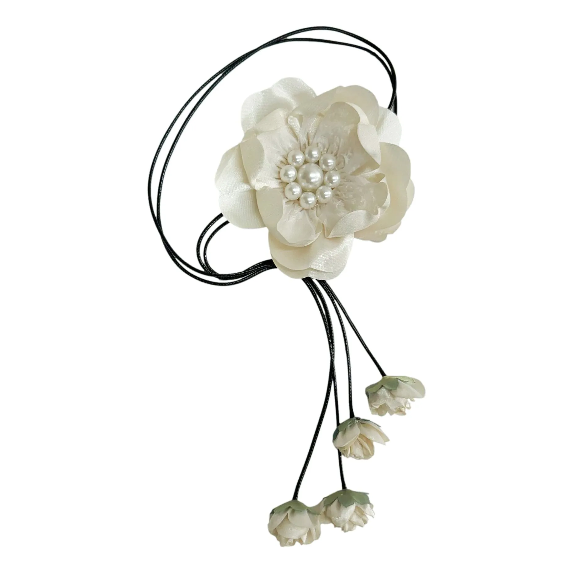 Evangeline Champagne Ivory Flower Tie With Pearl Center and Flower Tassels