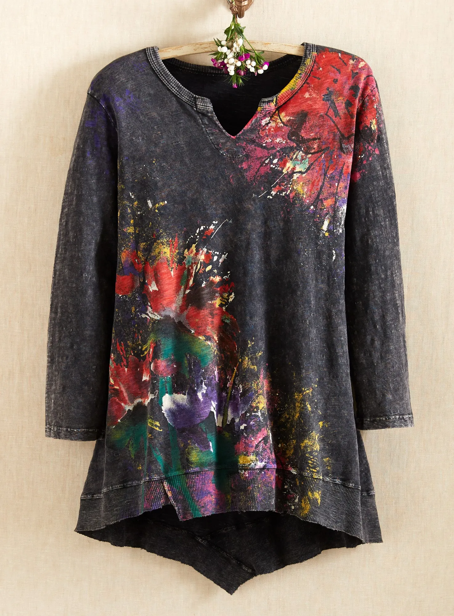 Floral Art Notched V-Neck Tunic