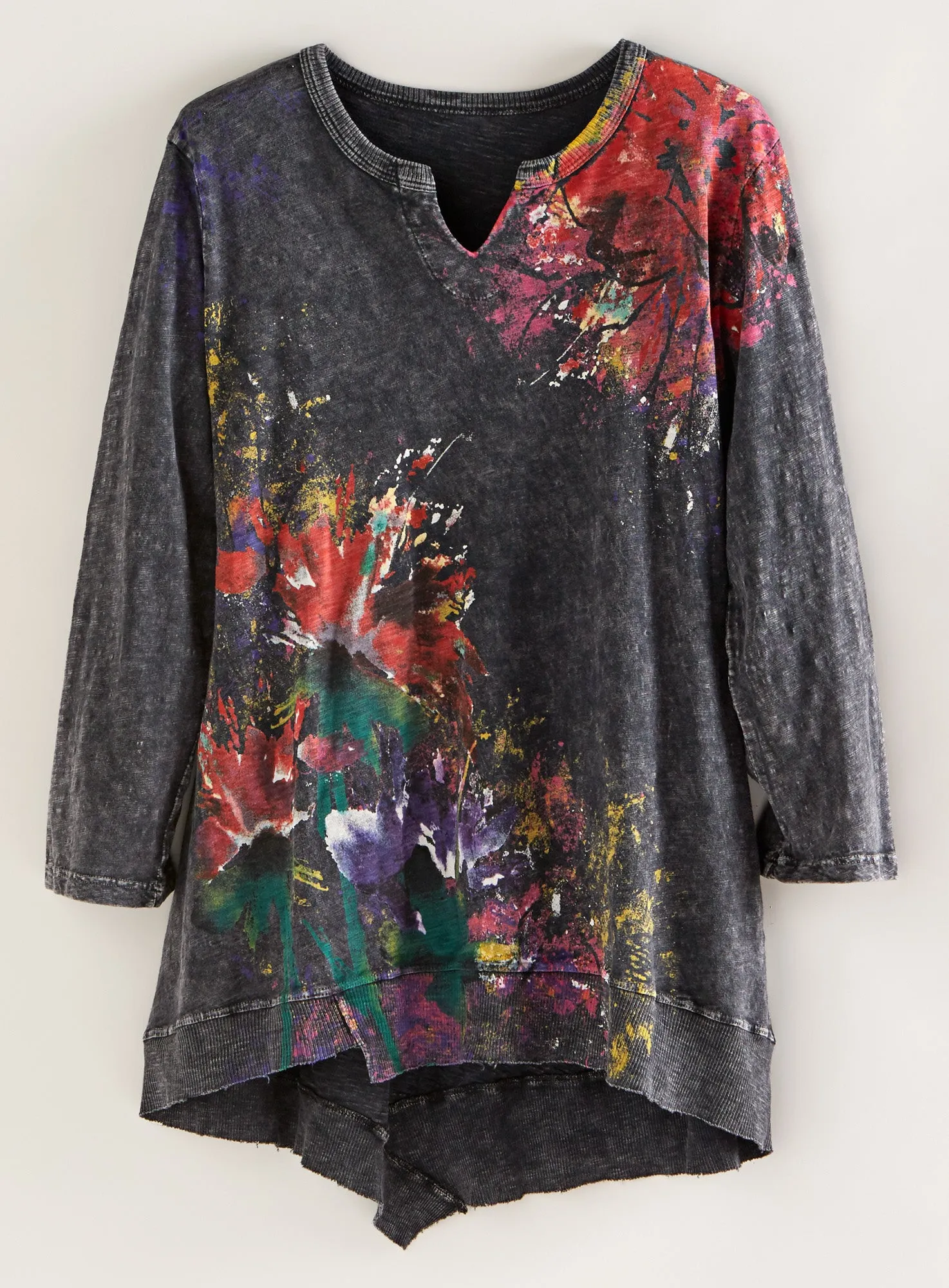 Floral Art Notched V-Neck Tunic