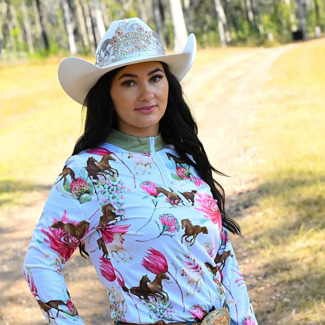 Girls Equestrian Shirt 'Petals & Ponies' with white equestrian collar.