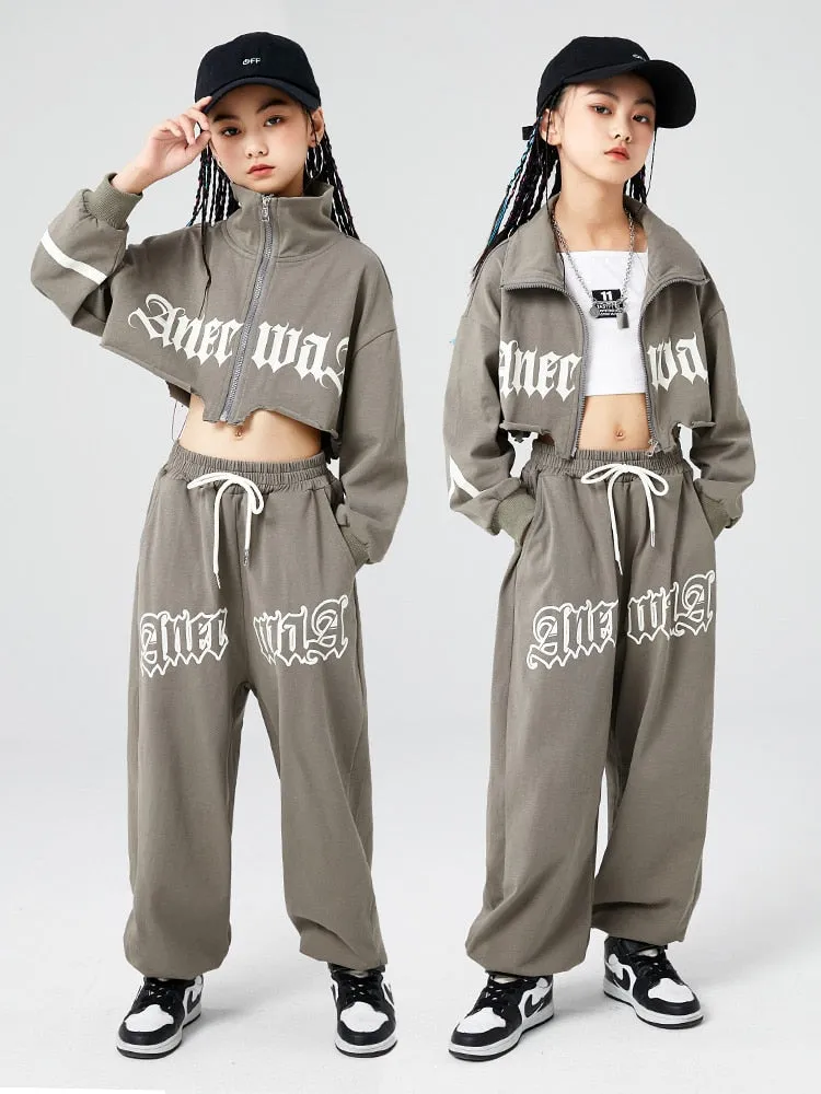 #HH4511 Girls Hip Hop Clothes -Grey Long Sleeves- Short Jacket- Pants-Urban Streetwear- Performance