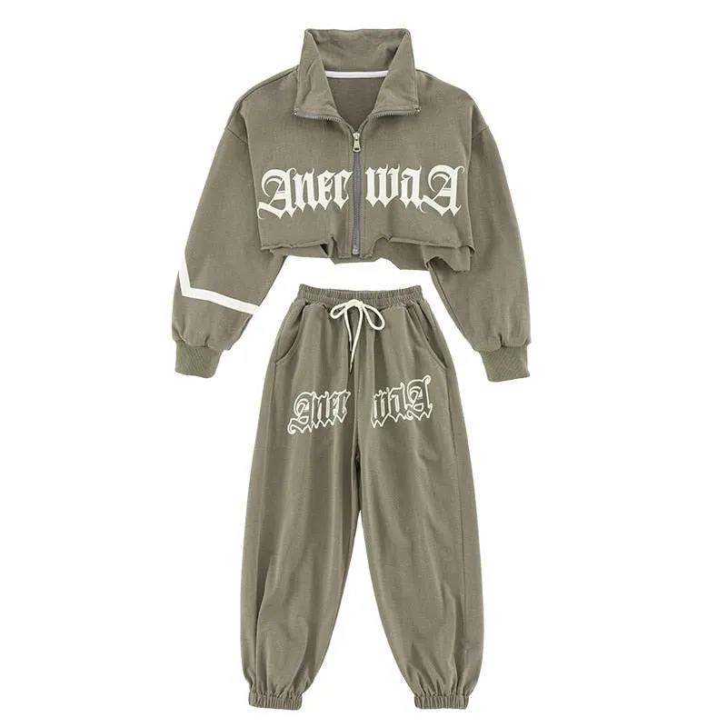 #HH4511 Girls Hip Hop Clothes -Grey Long Sleeves- Short Jacket- Pants-Urban Streetwear- Performance