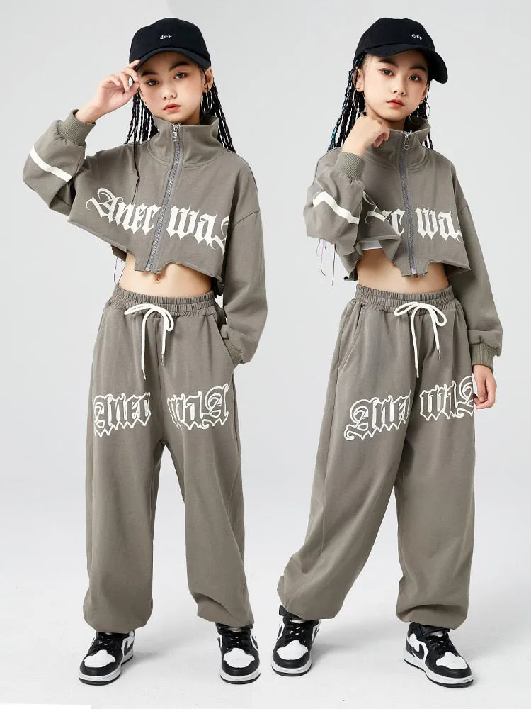 #HH4511 Girls Hip Hop Clothes -Grey Long Sleeves- Short Jacket- Pants-Urban Streetwear- Performance