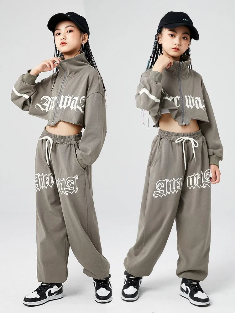 #HH4511 Girls Hip Hop Clothes -Grey Long Sleeves- Short Jacket- Pants-Urban Streetwear- Performance