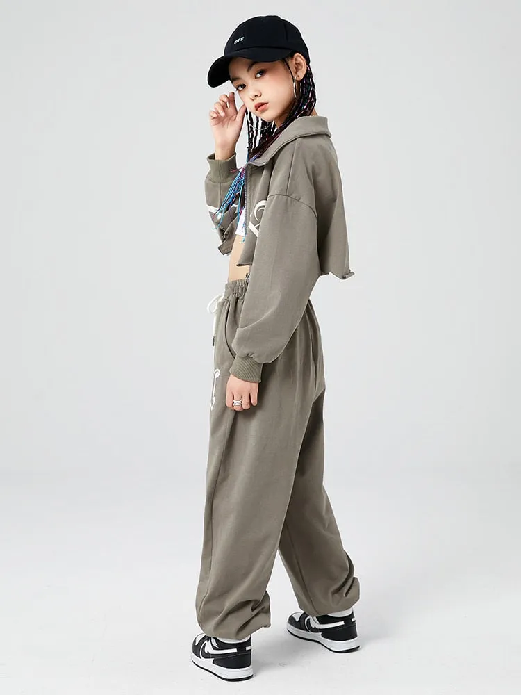 #HH4511 Girls Hip Hop Clothes -Grey Long Sleeves- Short Jacket- Pants-Urban Streetwear- Performance