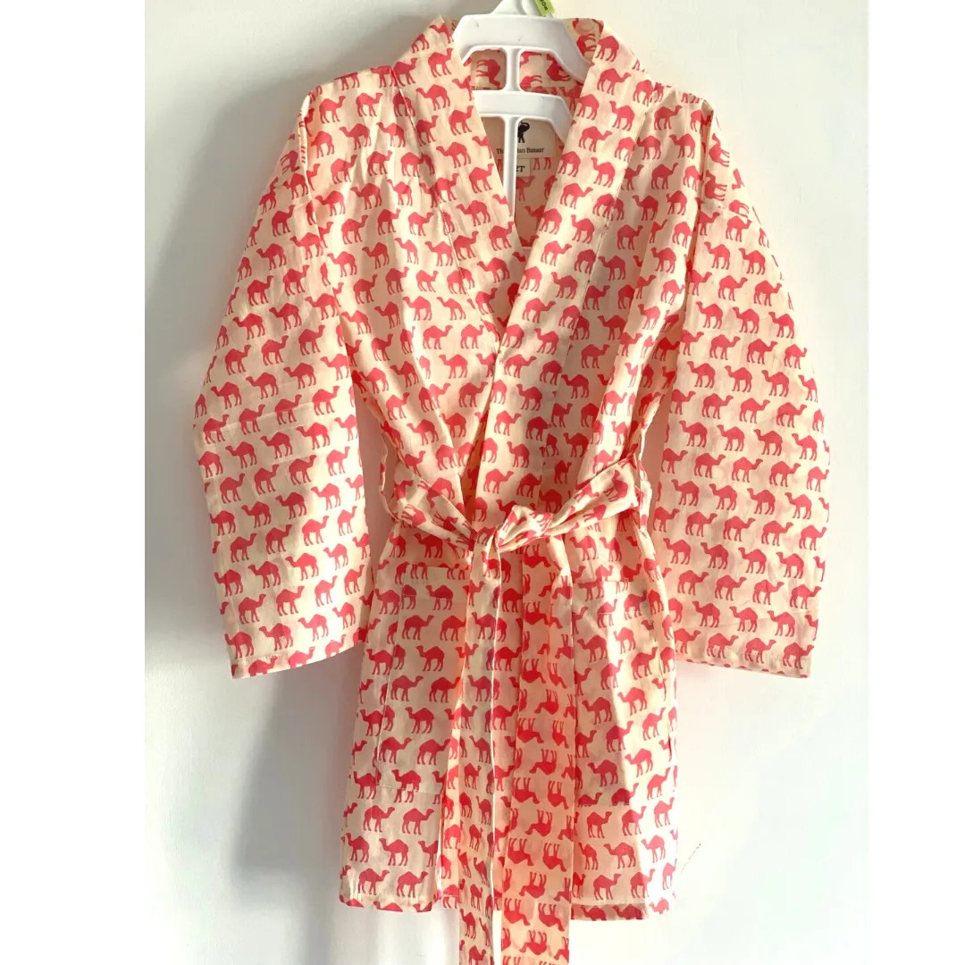 Kids Unisex Robe - Cotton Hand Block Print Fabric - Camel