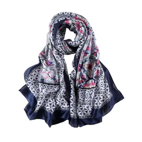 Long Silk Feel Satin Scarf Navy Theme Abstract Print LAT126