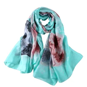 Long Silk Feel Satin Scarf Turquoise Theme Floral Print LAT105