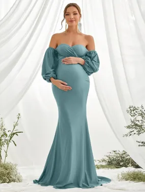 Maternity Off Shoulder Lantern Sleeve Mermaid Dress