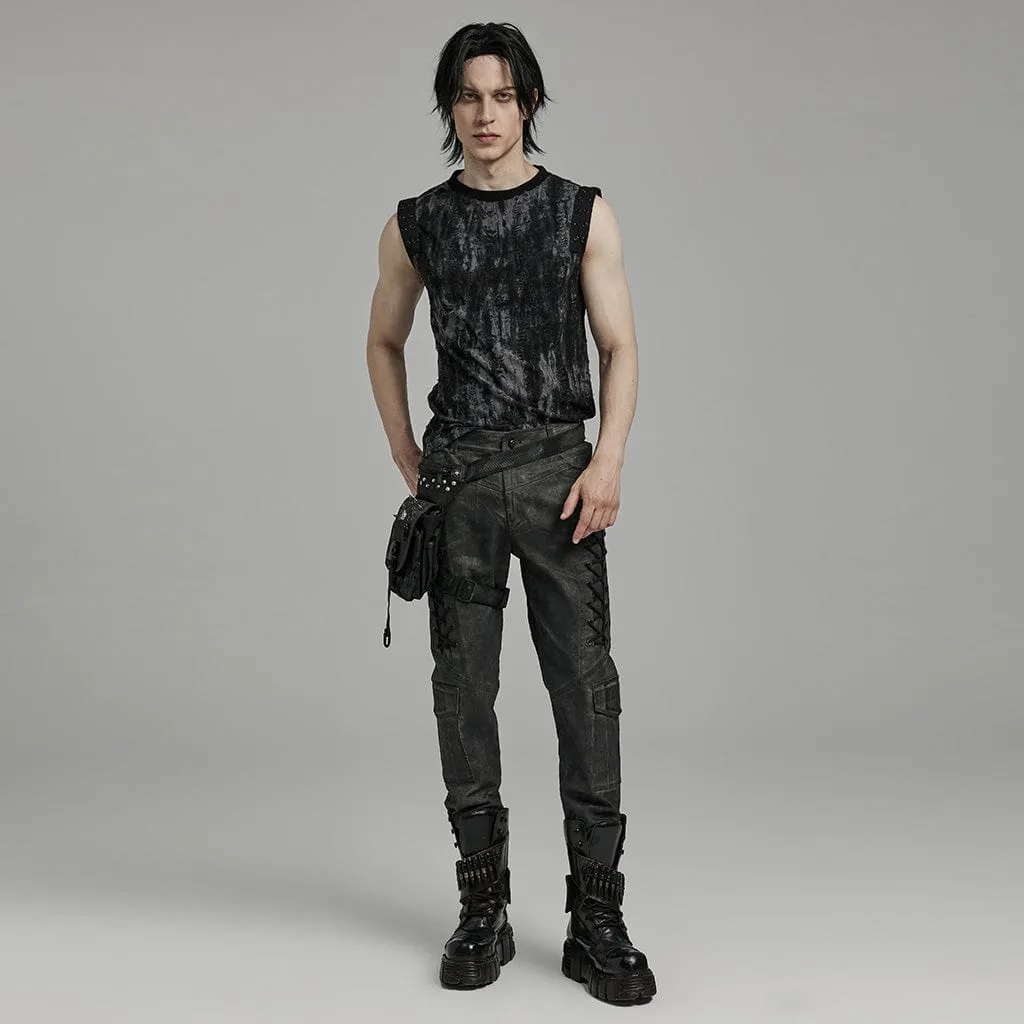 Men's Gothic Punk Ripped Eyelet Black Grey Tank Top