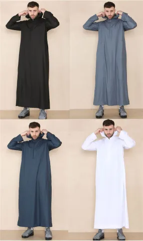 Mens Hooded Thobe Hood Jubba Nehru Stand Collar Islamic Clothing Muslim Kaftan Robe Saudi Slim Regular Fit