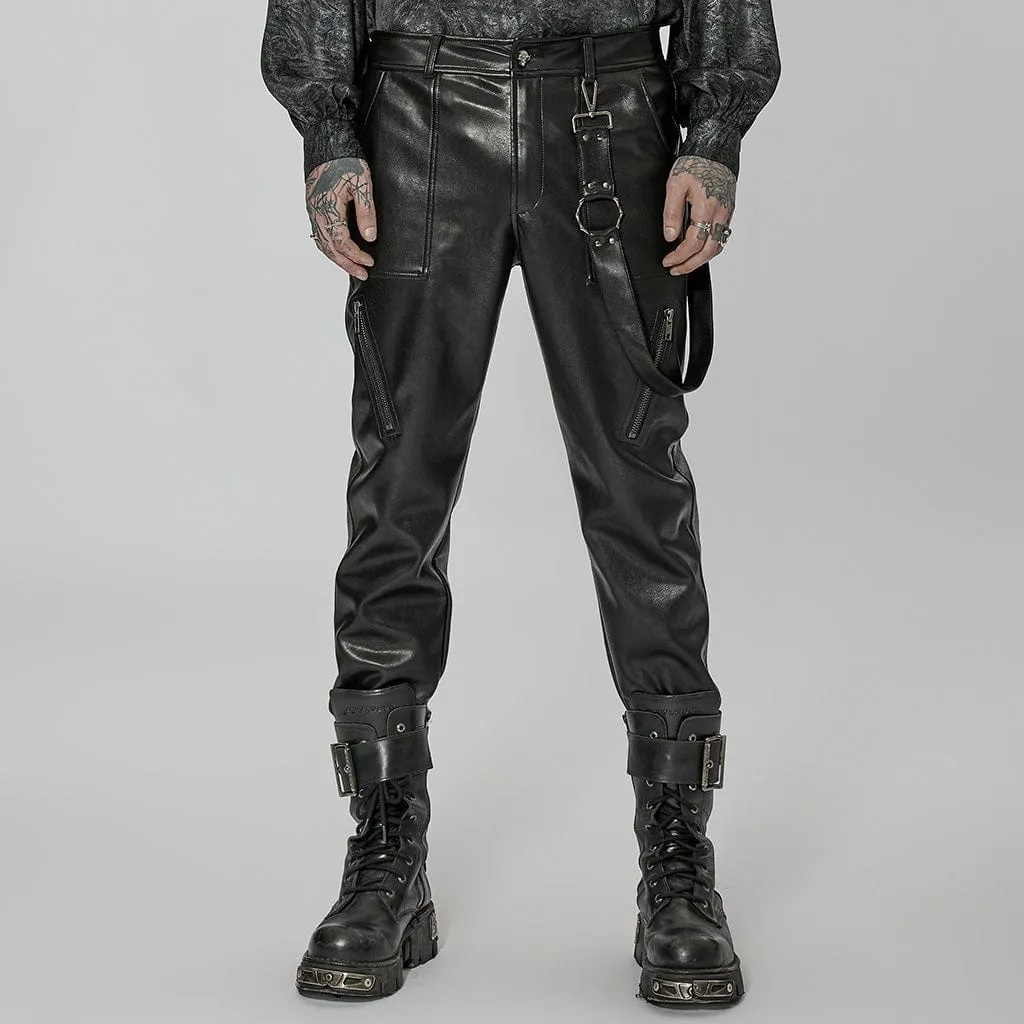 Men's  Punk Faux Leather Pants with Strap