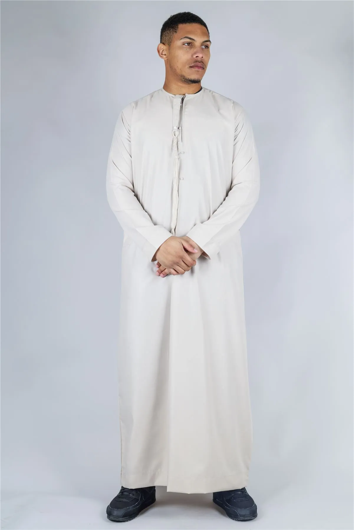 Men's Thobe Emirati Omani Jubba Islamic Clothing Muslim Kaftan Eid Robe Arab String Tassel