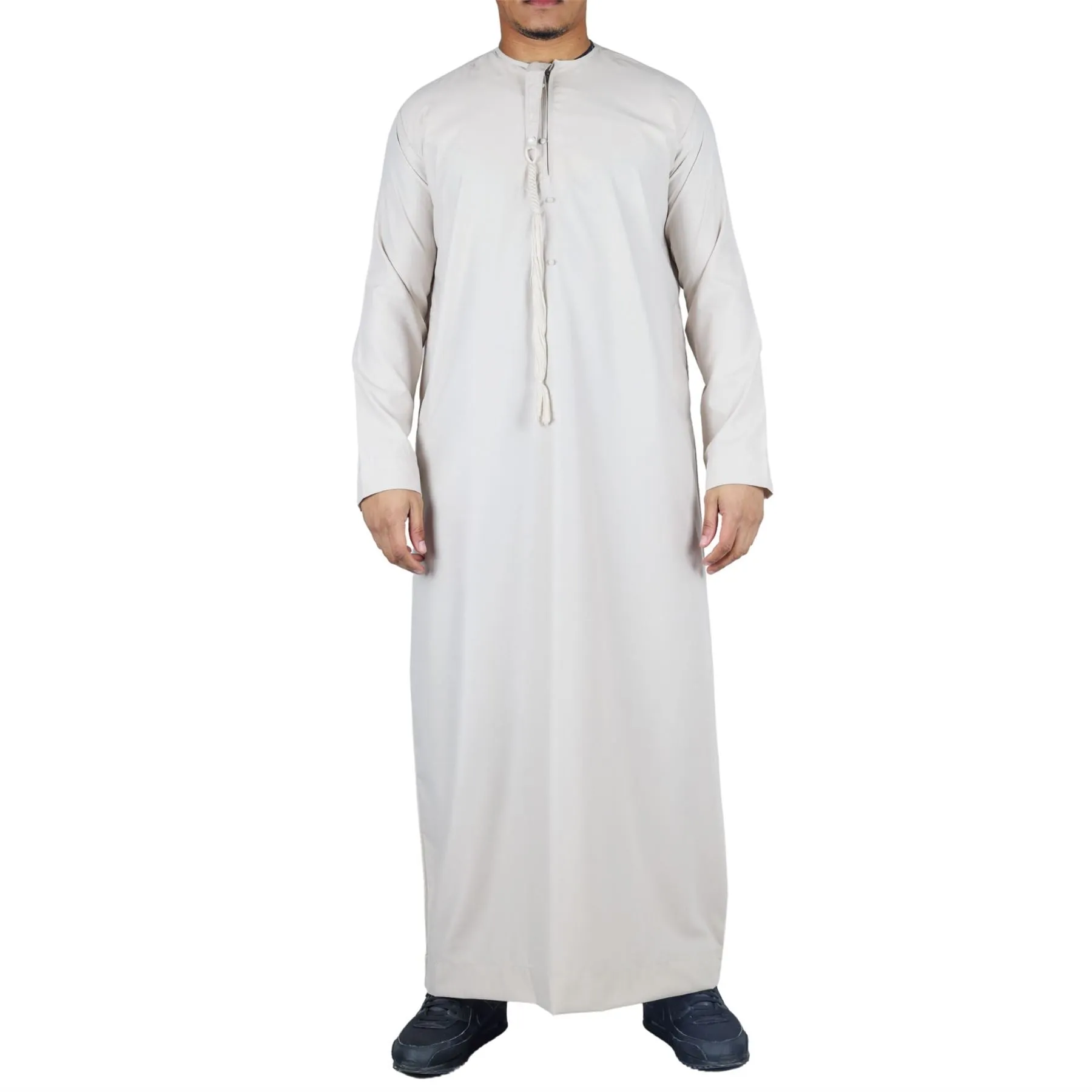 Men's Thobe Emirati Omani Jubba Islamic Clothing Muslim Kaftan Eid Robe Arab String Tassel