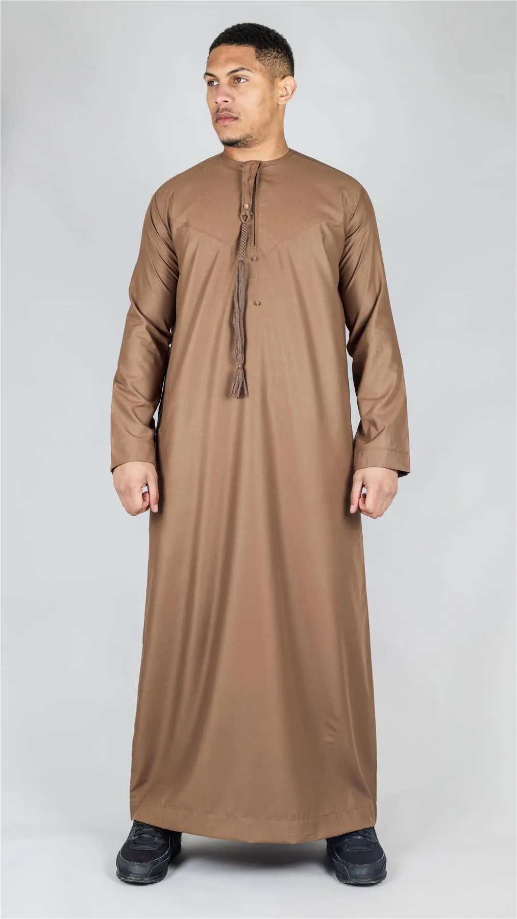 Men's Thobe Emirati Omani Jubba Islamic Clothing Muslim Kaftan Eid Robe Arab String Tassel