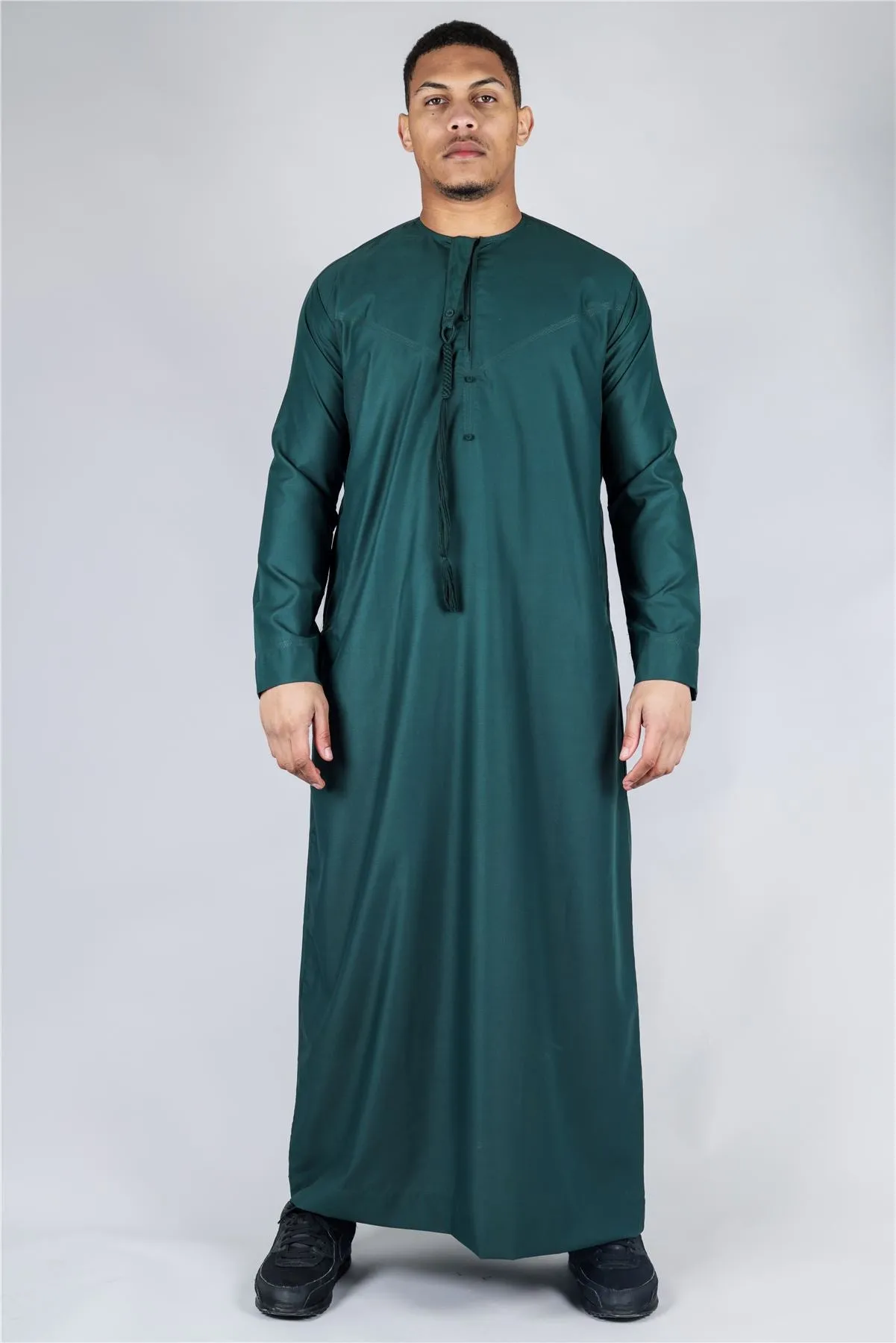 Men's Thobe Emirati Omani Jubba Islamic Clothing Muslim Kaftan Eid Robe Arab String Tassel