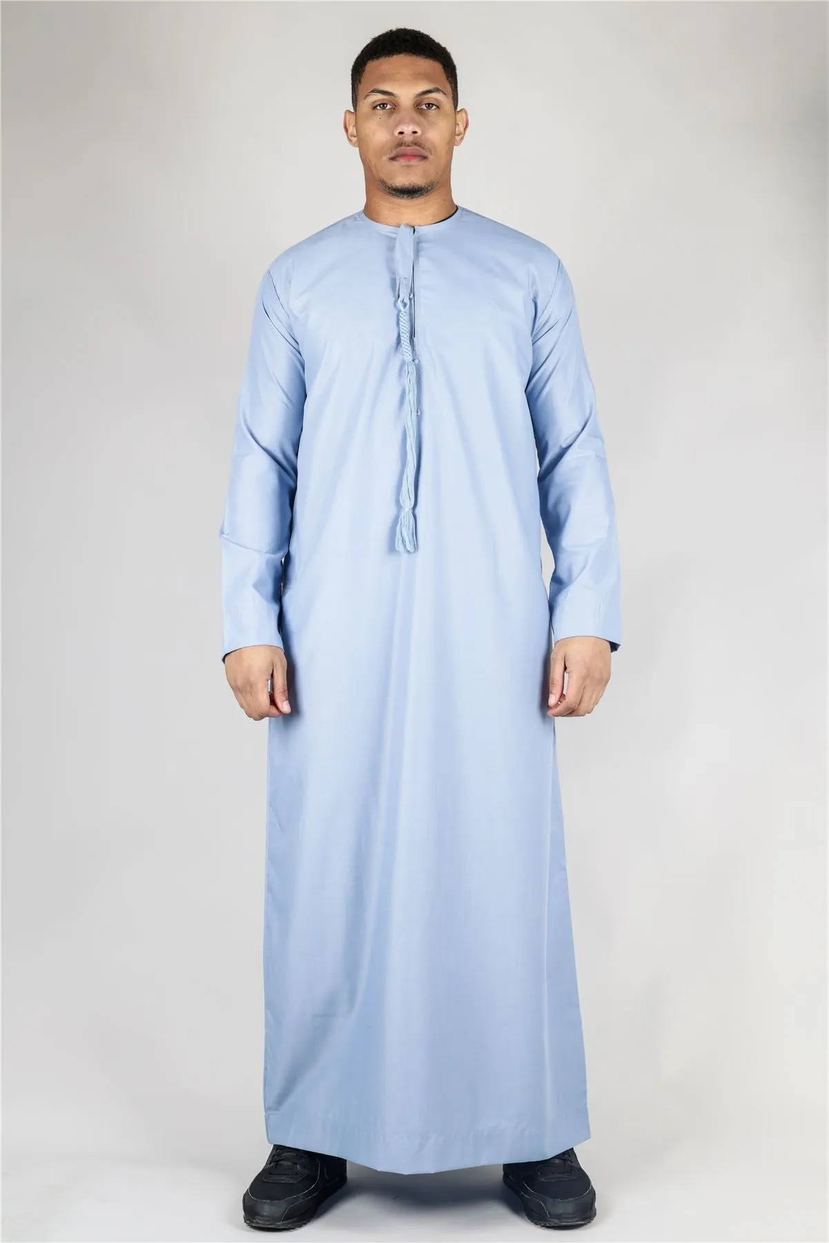 Men's Thobe Emirati Omani Jubba Islamic Clothing Muslim Kaftan Eid Robe Arab String Tassel