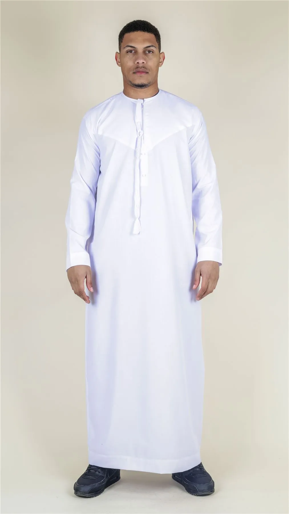 Men's Thobe Emirati Omani Jubba Islamic Clothing Muslim Kaftan Eid Robe Arab String Tassel