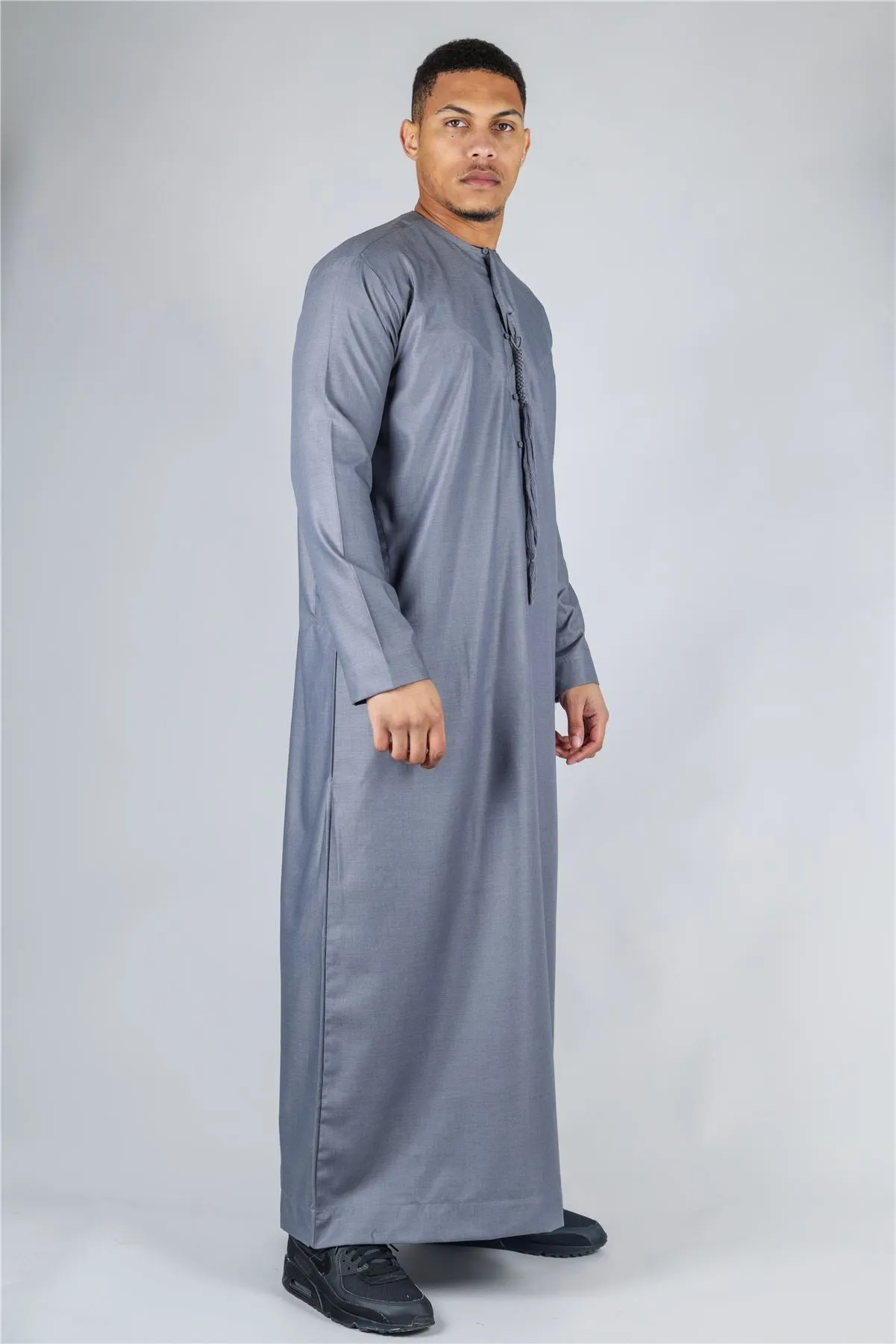 Men's Thobe Emirati Omani Jubba Islamic Clothing Muslim Kaftan Eid Robe Arab String Tassel