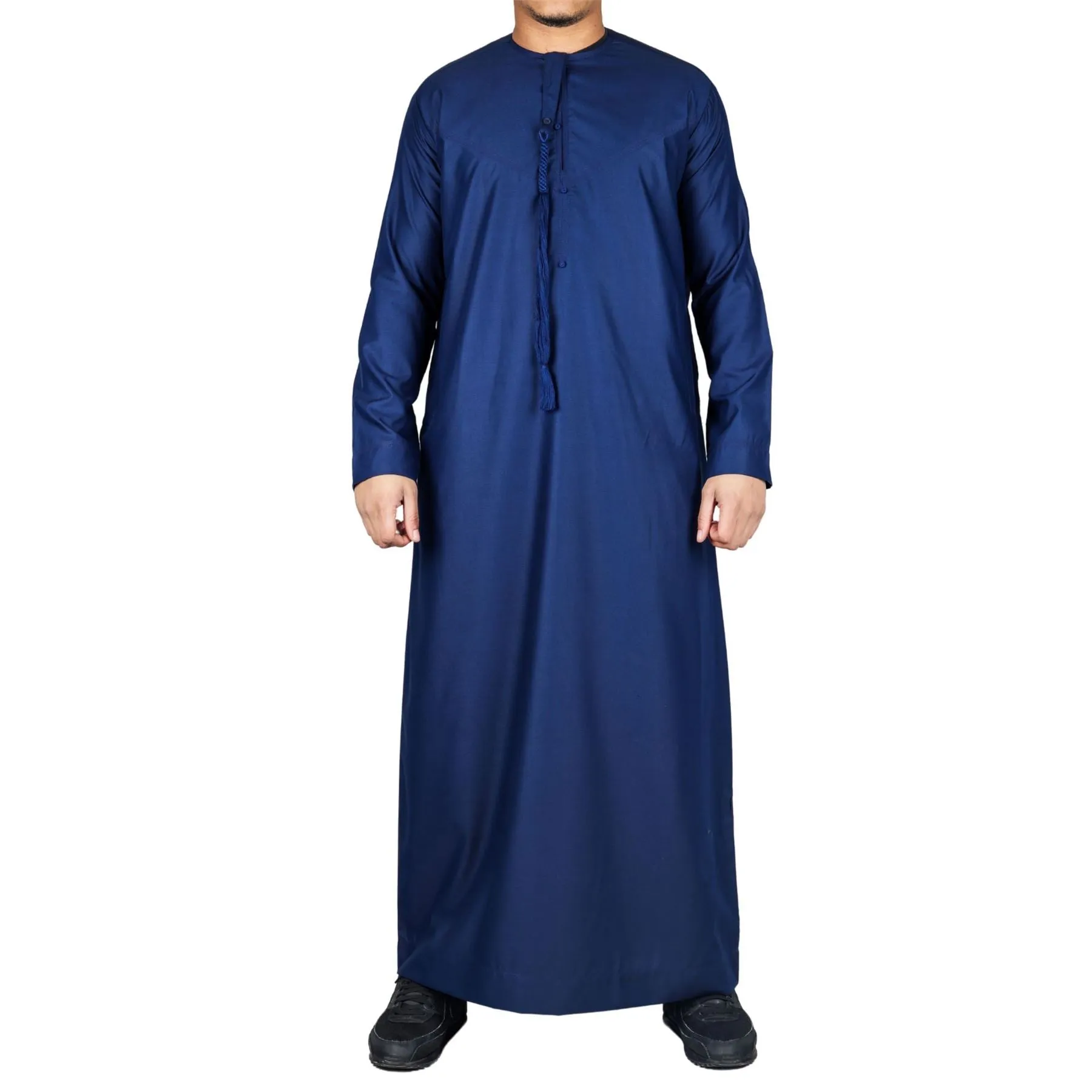 Men's Thobe Emirati Omani Jubba Islamic Clothing Muslim Kaftan Eid Robe Arab String Tassel