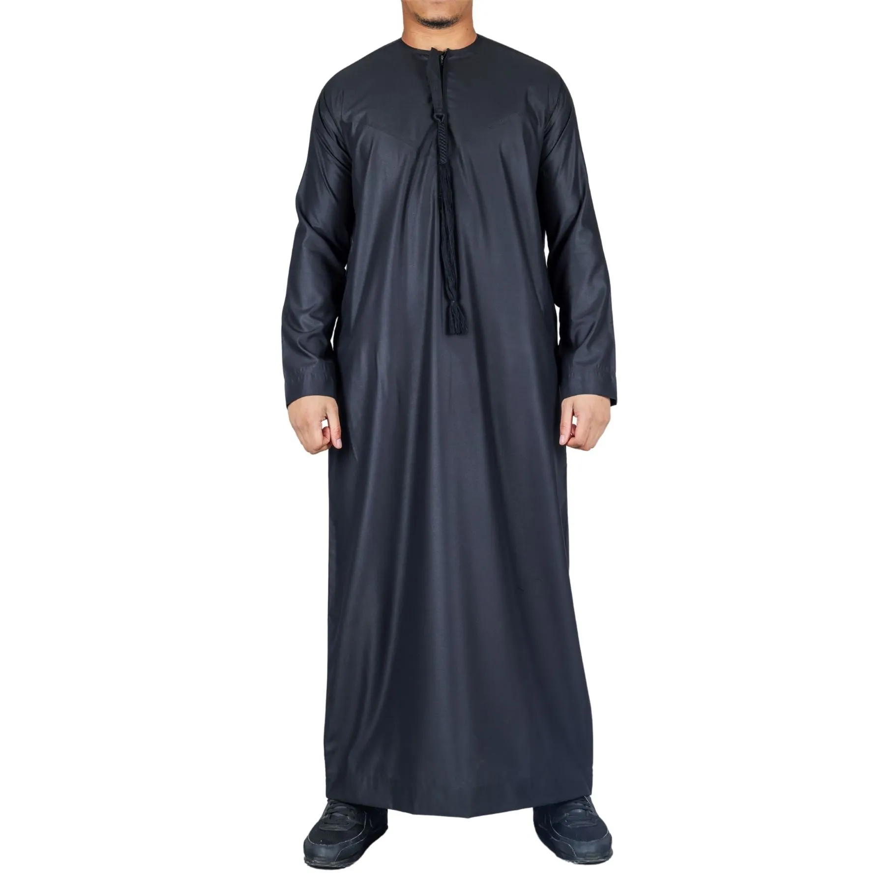 Men's Thobe Emirati Omani Jubba Islamic Clothing Muslim Kaftan Eid Robe Arab String Tassel