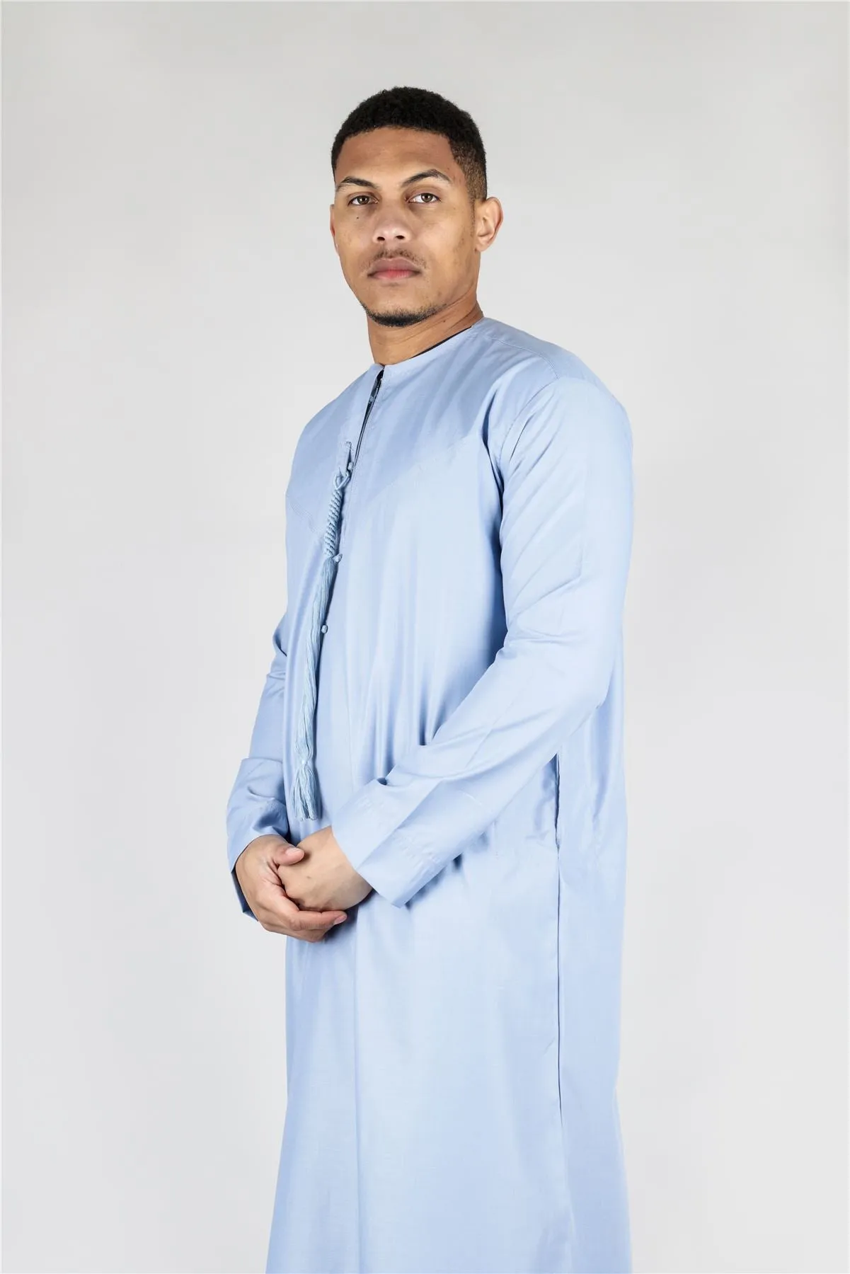 Men's Thobe Emirati Omani Jubba Islamic Clothing Muslim Kaftan Eid Robe Arab String Tassel