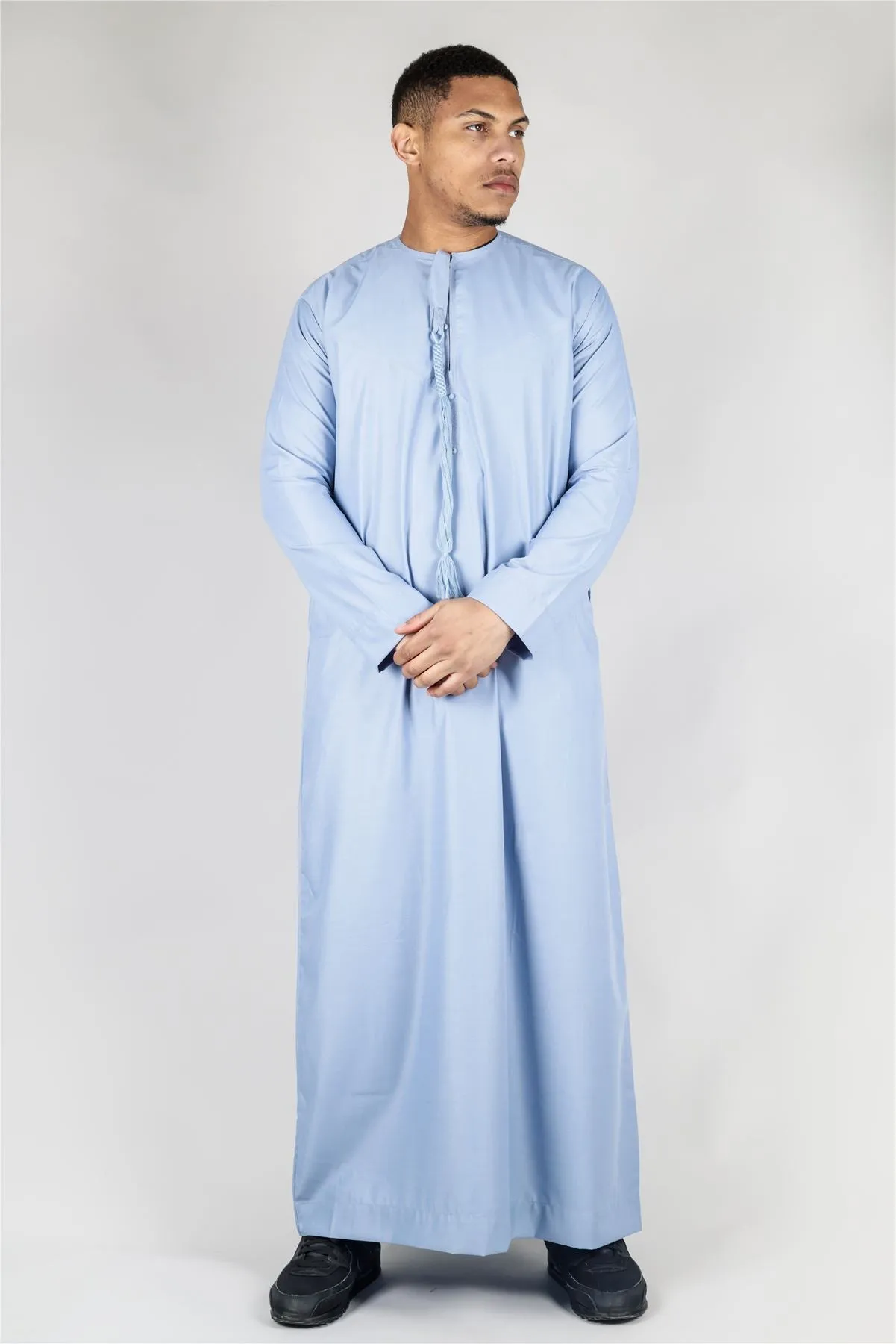 Men's Thobe Emirati Omani Jubba Islamic Clothing Muslim Kaftan Eid Robe Arab String Tassel