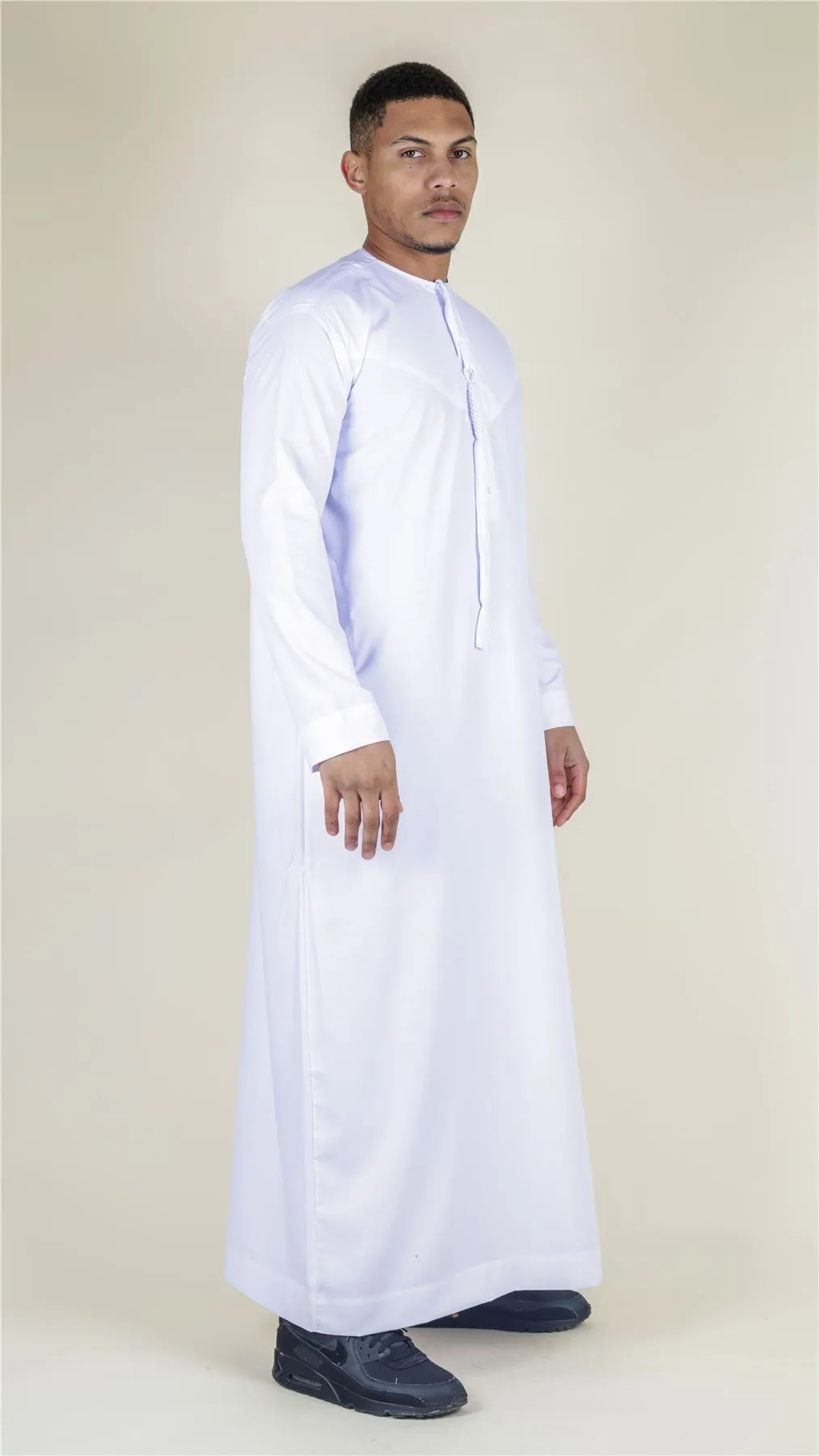 Men's Thobe Emirati Omani Jubba Islamic Clothing Muslim Kaftan Eid Robe Arab String Tassel