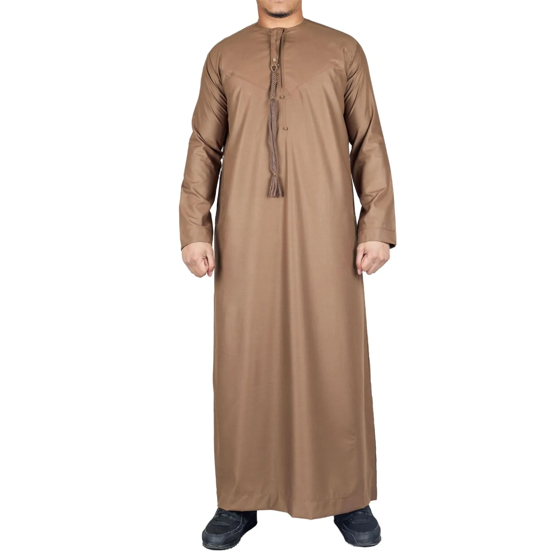 Men's Thobe Emirati Omani Jubba Islamic Clothing Muslim Kaftan Eid Robe Arab String Tassel