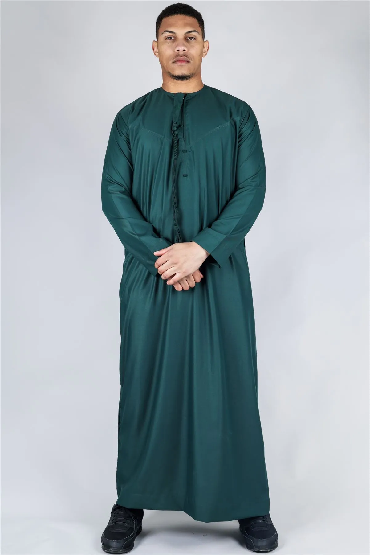 Men's Thobe Emirati Omani Jubba Islamic Clothing Muslim Kaftan Eid Robe Arab String Tassel