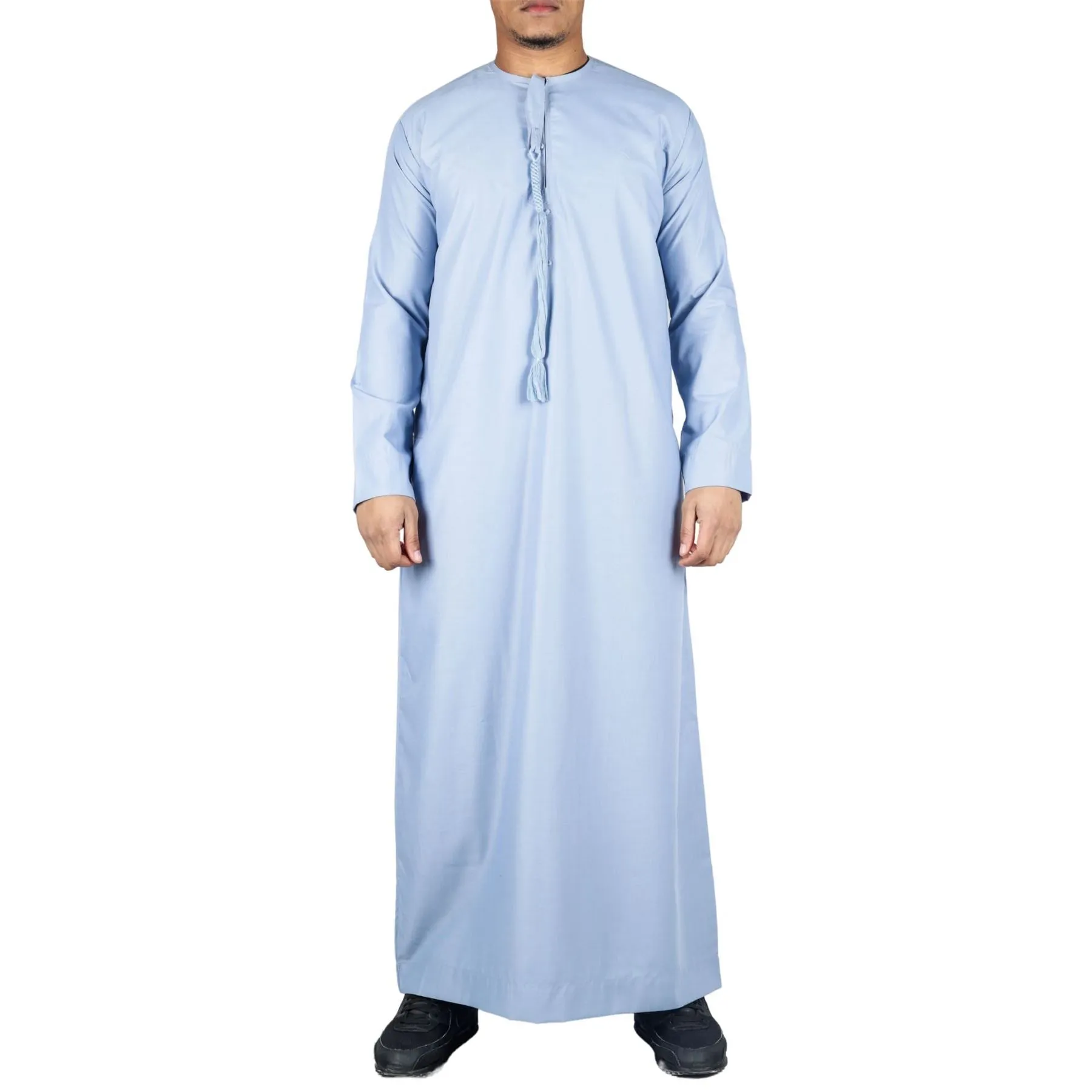 Men's Thobe Emirati Omani Jubba Islamic Clothing Muslim Kaftan Eid Robe Arab String Tassel